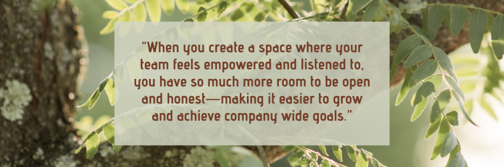 Green foliage int the background with an overlay of a quote that talks about creating space for performance conversations