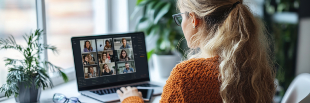 Employee participating in a virtual team meeting from a home office, illustrating hybrid work and remote collaboration.
